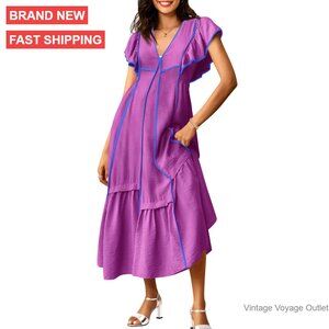 Summer V-Neck Midi Dress Ruffle Sleeve Loose Fit Flowy Long Casual